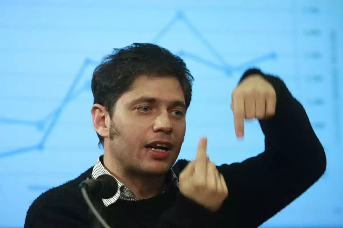 Un hombre gesticulando con las manos frente a un gráfico en una pantalla.