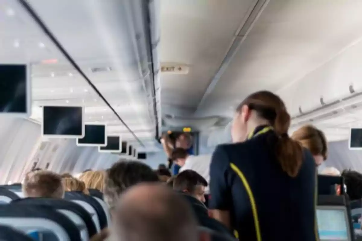 Passengers seated on a plane with screens deployed and a flight attendant attending.
