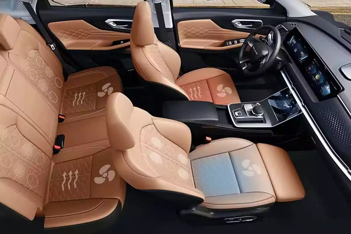 Interior of a modern car with beige leather seats and technological features, showing ventilation and heating symbols on the seats Interior of a modern car with beige leather seats and technological features, showing ventilation and heating symbols on the seats