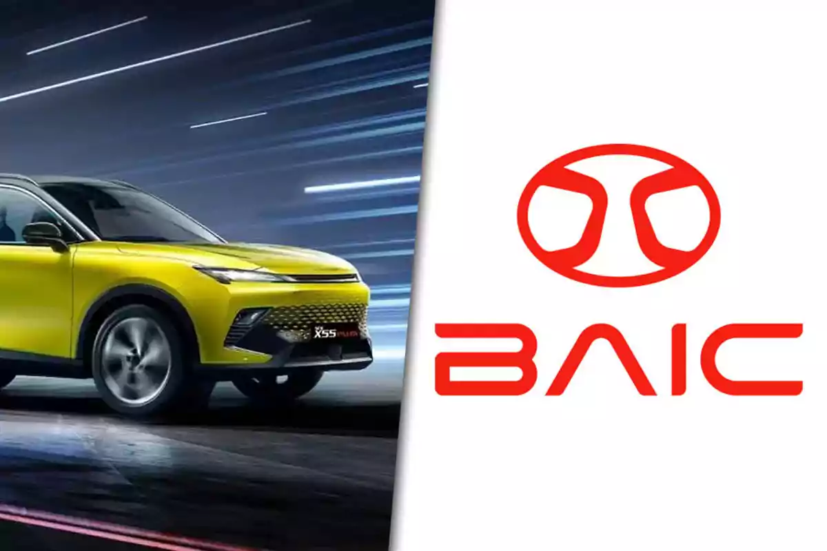 Yellow SUV car in motion next to the red BAIC brand logo on a white background