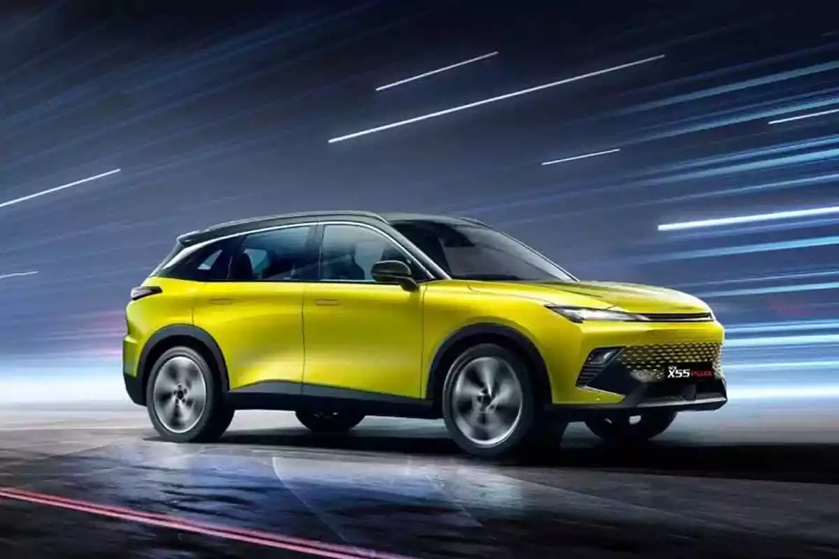 Modern yellow SUV in motion against a background with blue light streaks suggesting speed Modern yellow SUV in motion against a background with blue light streaks suggesting speed