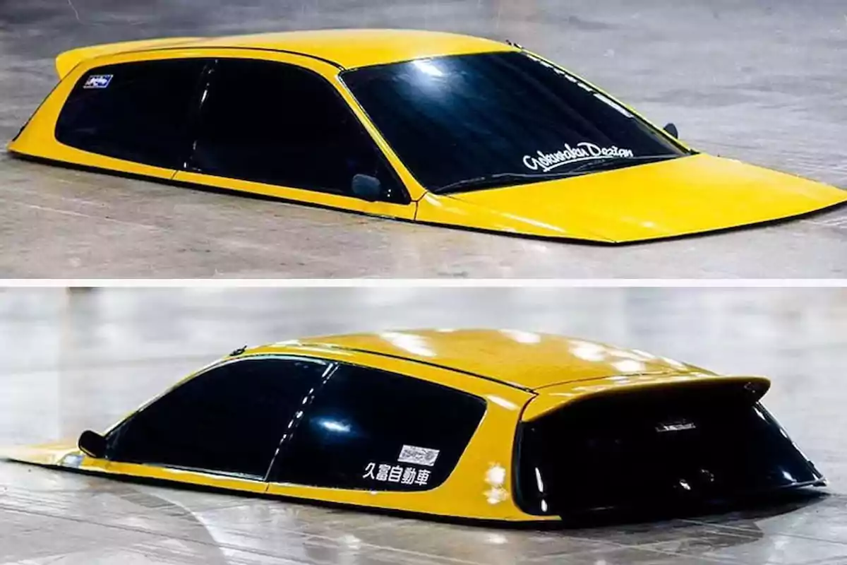 Extremely low yellow car that looks like it’s sunk into the ground, seen from two different angles