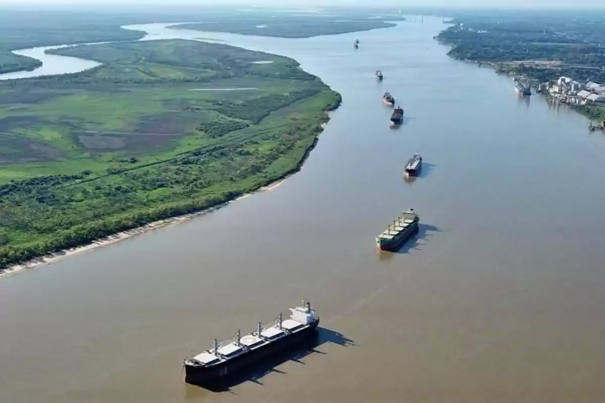 Una serie de barcos navegando por un amplio río rodeado de vegetación y paisajes verdes.