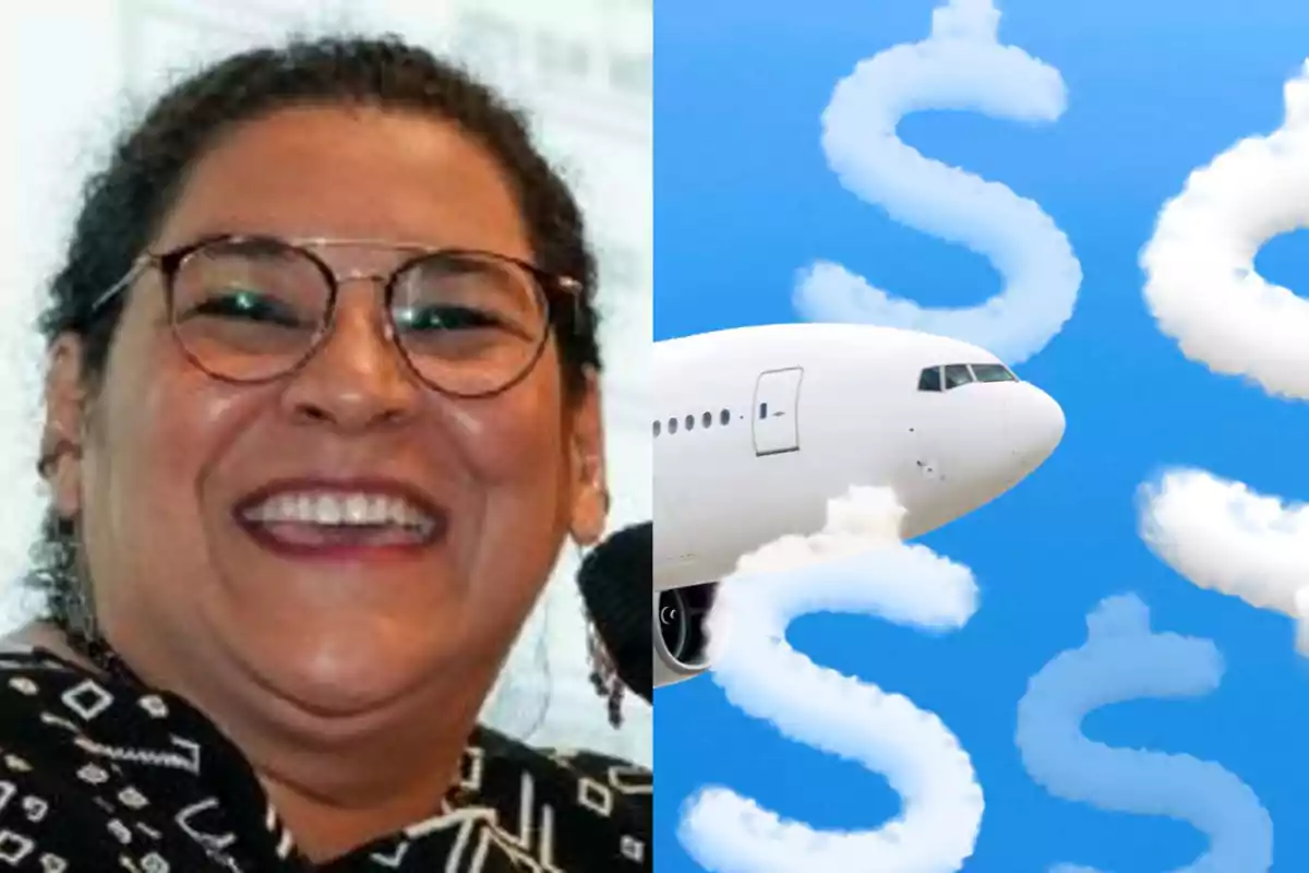 A smiling person with glasses next to the image of a plane flying in a blue sky with clouds shaped like dollar signs.
