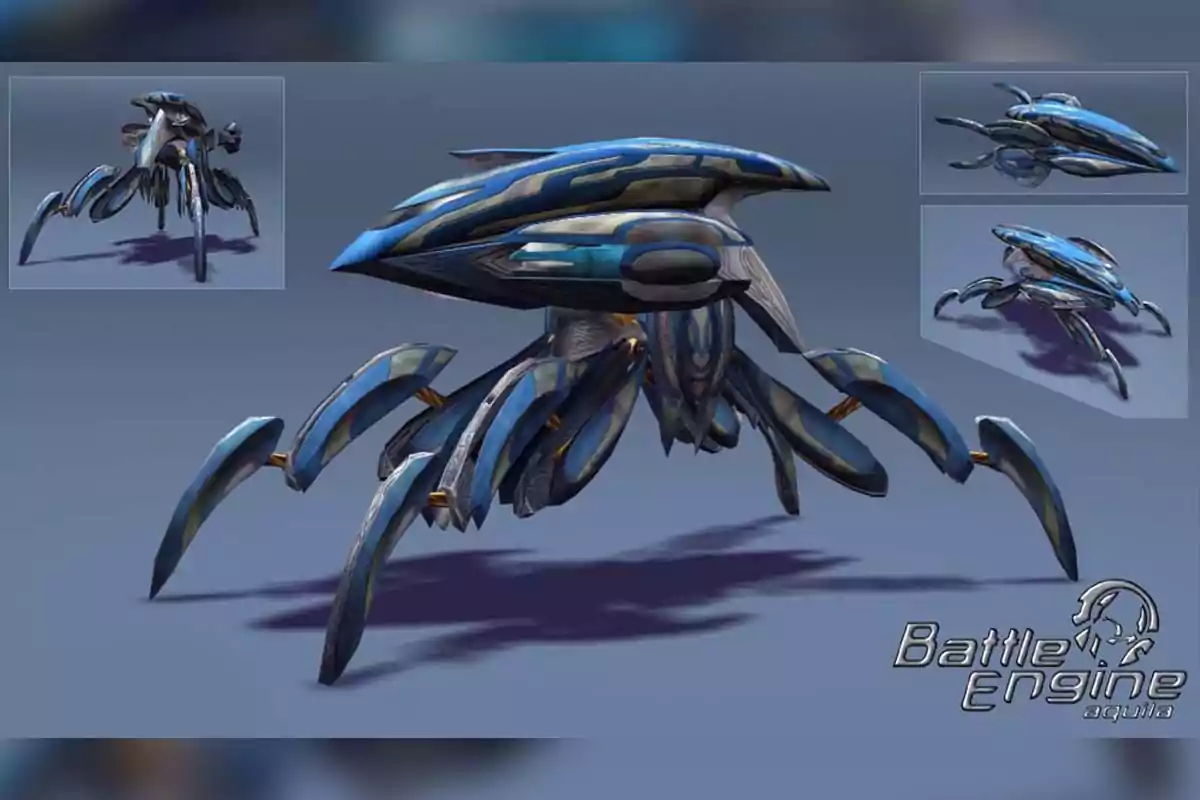 A multi-legged robotic creature with a futuristic design and bluish colors, accompanied by the text A multi-legged robotic creature with a futuristic design and bluish colors, accompanied by the text