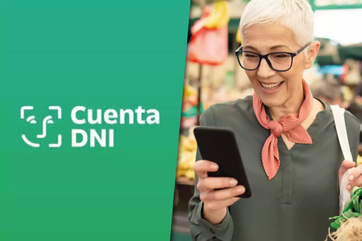 An older woman with glasses and a pink scarf looks at her mobile phone while smiling; on the left, a green background shows the logo and text "Cuenta DNI."