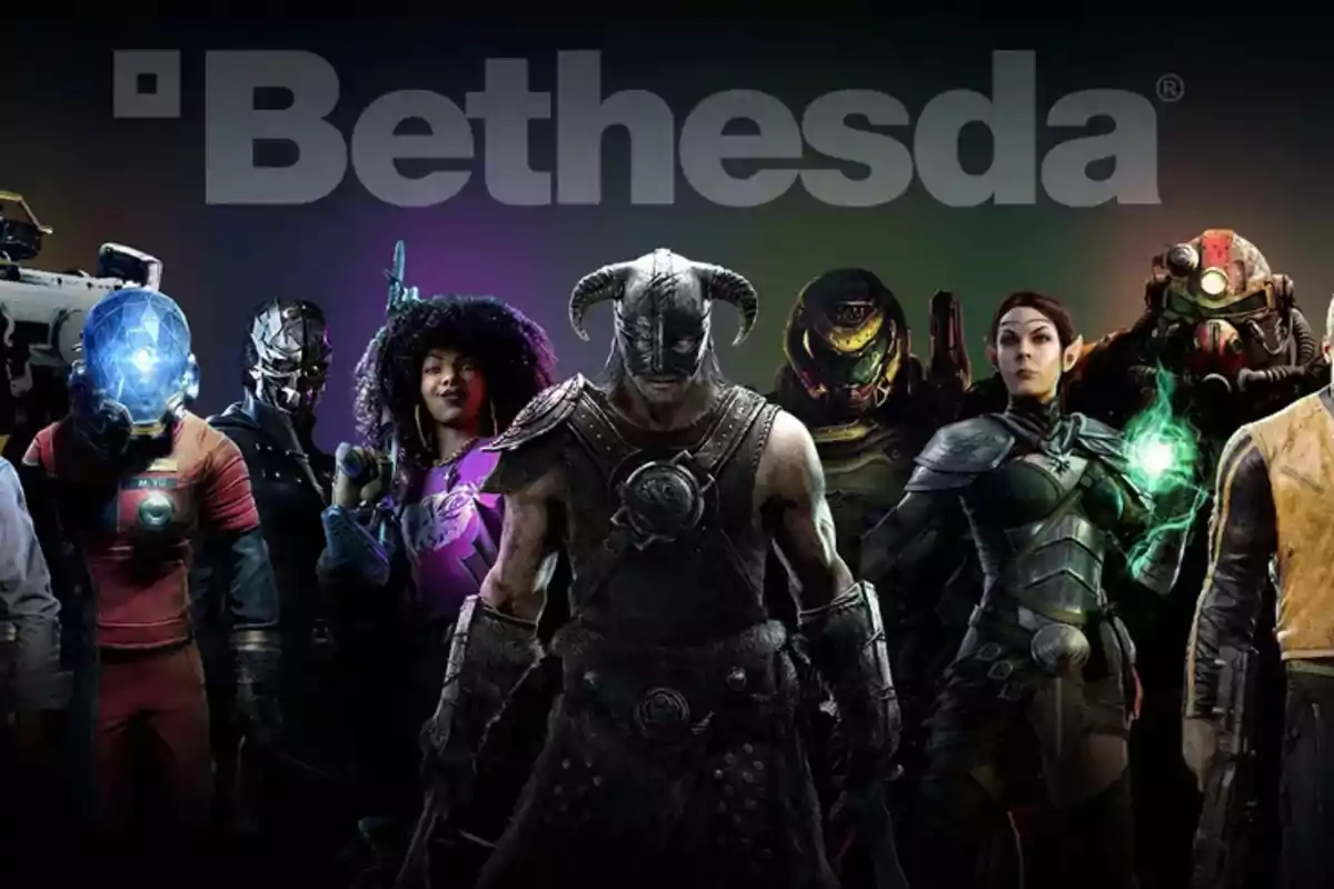 Personajes de videojuegos de Bethesda posando juntos frente al logo de la compañía.