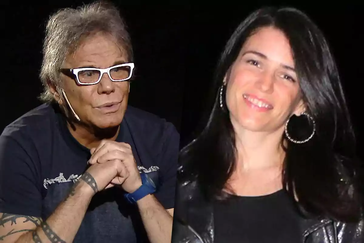 Dos personas posando en un fondo oscuro, una lleva gafas y la otra sonríe.