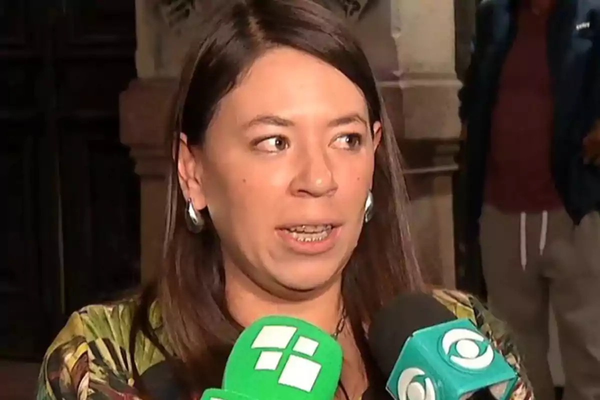 Mujer de cabello castaño hablando frente a varios micrófonos de prensa Mujer de cabello castaño hablando frente a varios micrófonos de prensa