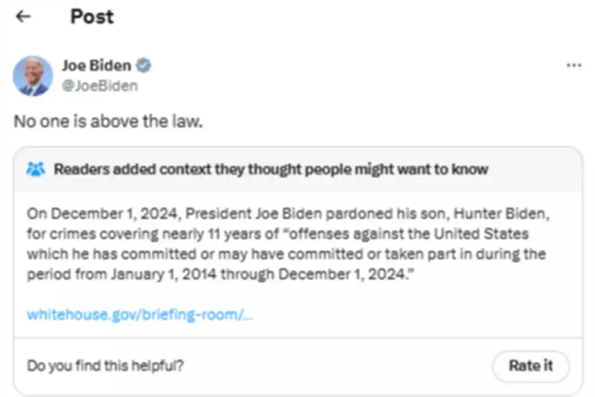 Una publicación en redes sociales de Joe Biden dice 