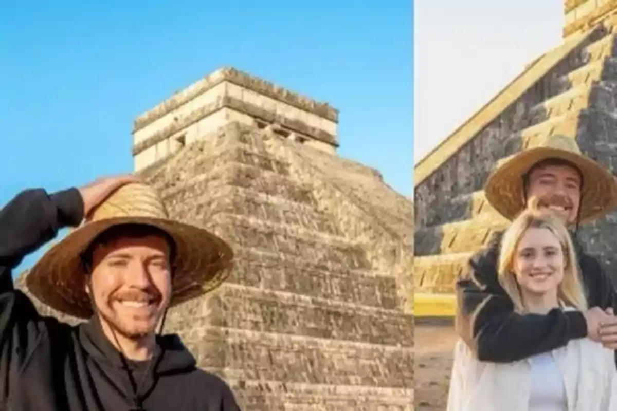 Personas posando frente a una pirámide con sombreros de paja y sonriendo. Personas posando frente a una pirámide con sombreros de paja y sonriendo.