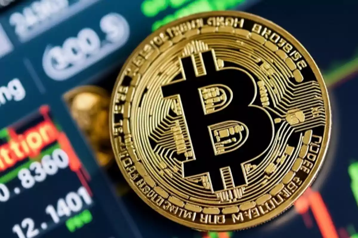 Moneda de Bitcoin dorada frente a una pantalla con gráficos financieros.