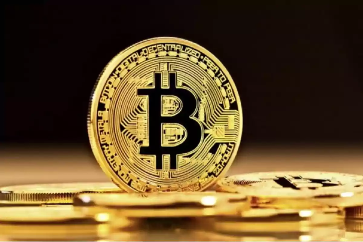 Golden Bitcoin coin on a dark background. Golden Bitcoin coin on a dark background.