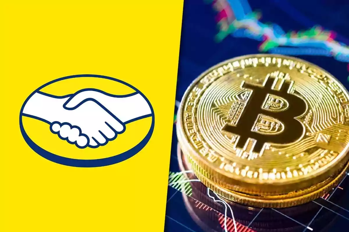 Handshake logo on a yellow background next to a Bitcoin coin on a financial chart.