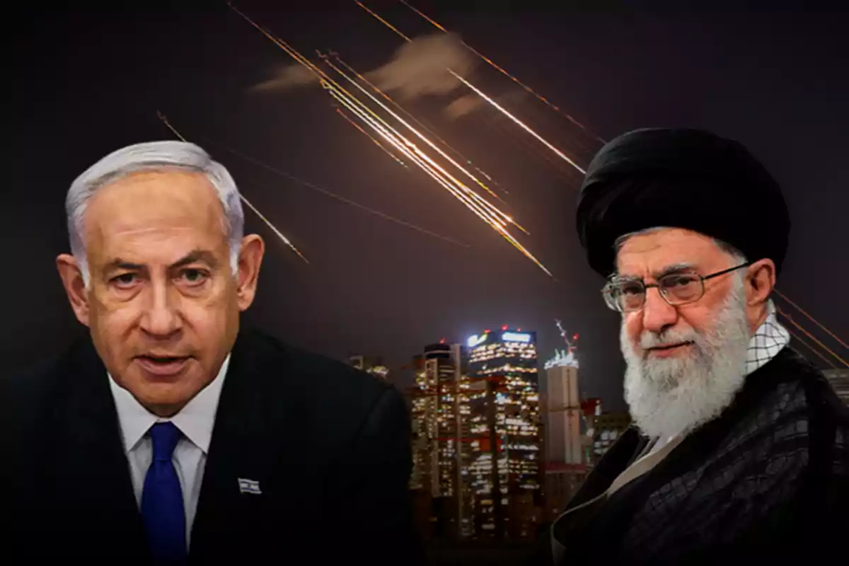 Two men with serious expressions in the foreground, a city at night in the background, and lights in the sky that look like missiles or projectiles.
