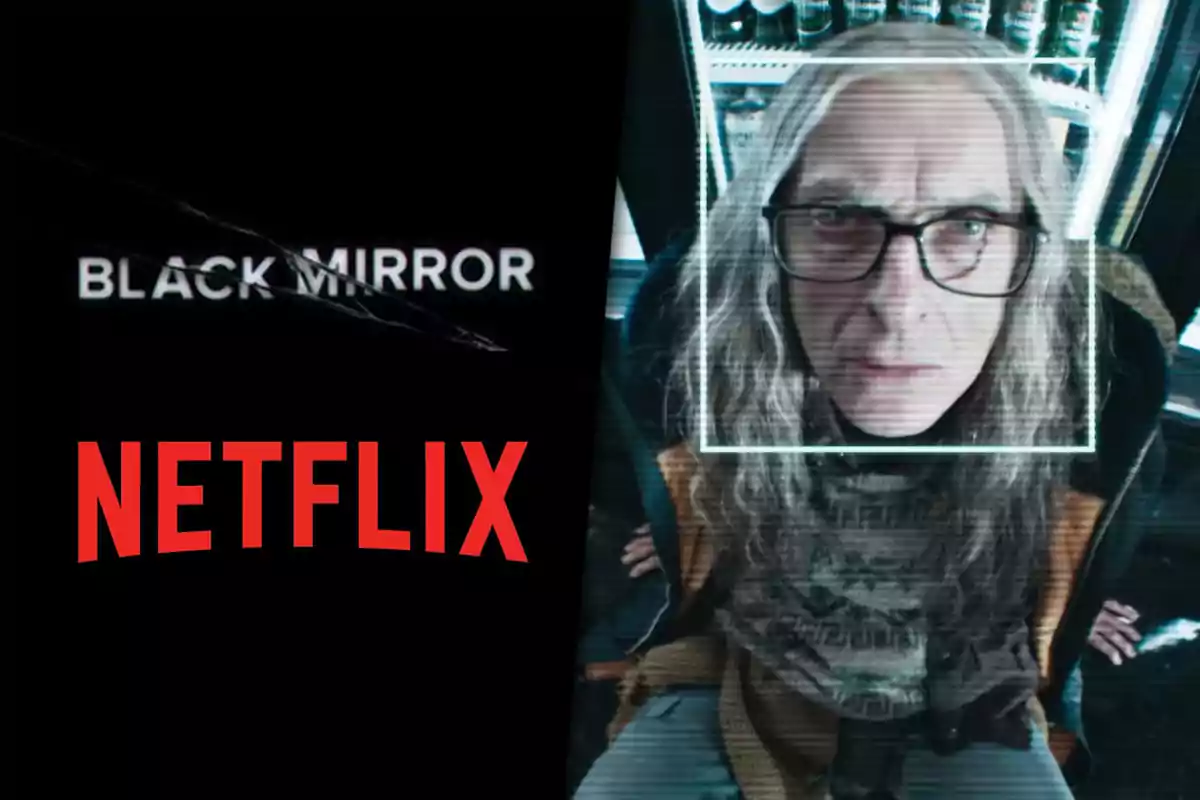 Portada de la serie "Black Mirror" en Netflix con una imagen de una persona mayor con cabello largo y gafas, enmarcada por un recuadro digital.