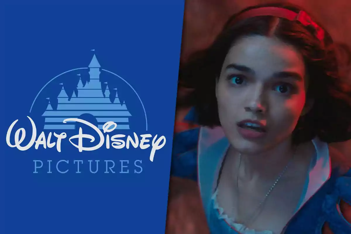 Logo de Walt Disney Pictures junto a una actriz caracterizada como Blancanieves con expresión de sorpresa