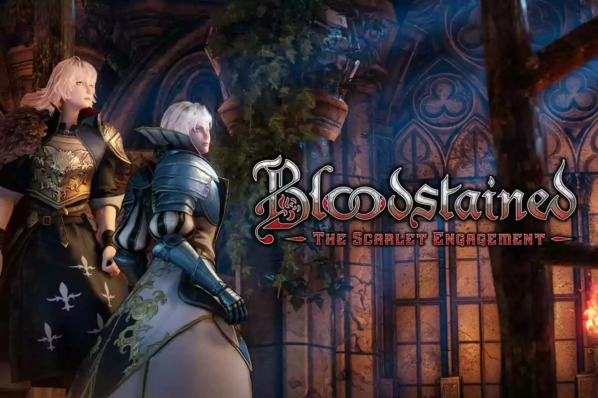 Two light-haired characters in medieval armor stand in a gothic setting next to the Bloodstained The Scarlet Engagement logo. Two light-haired characters in medieval armor stand in a gothic setting next to the Bloodstained The Scarlet Engagement logo.