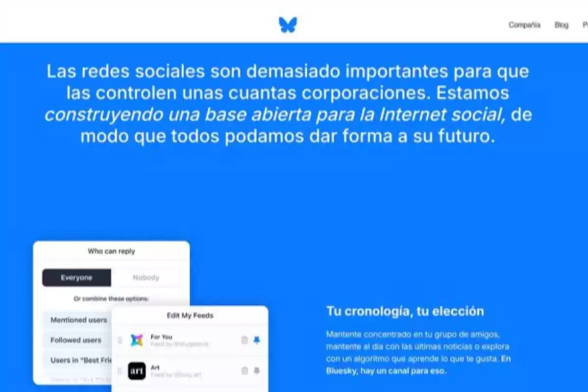 Pantalla de una plataforma social con fondo azul y texto sobre la importancia de una base abierta para la Internet social, incluye opciones de configuración de feeds y control de respuestas.