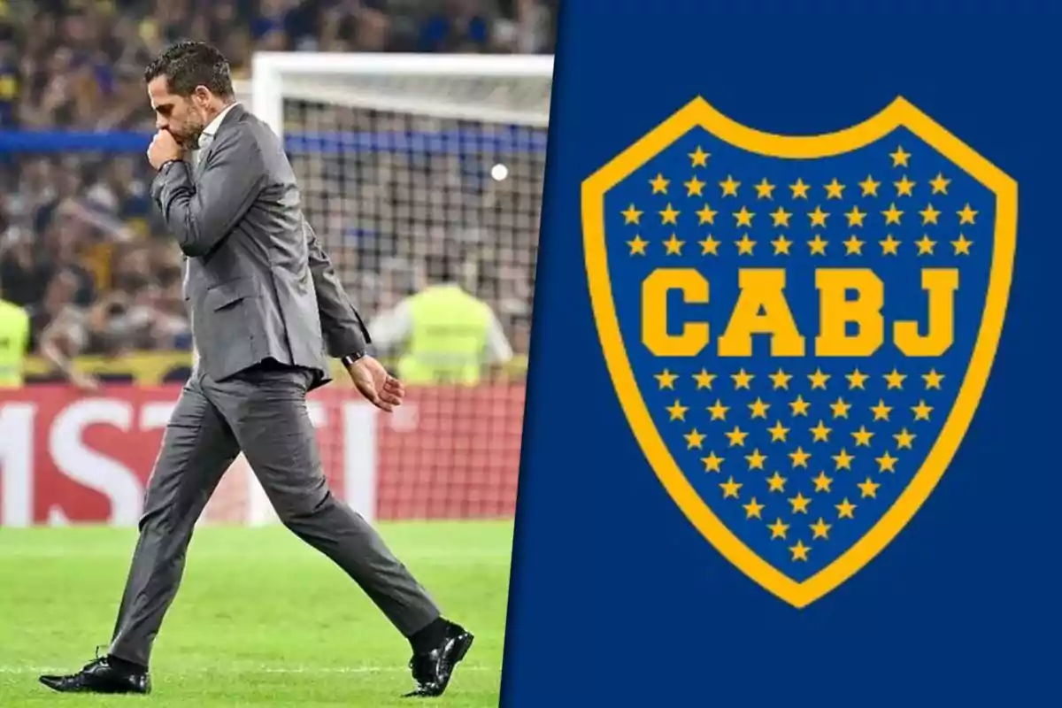 Fernando Gago walking on a soccer field next to the Boca Juniors club emblem.