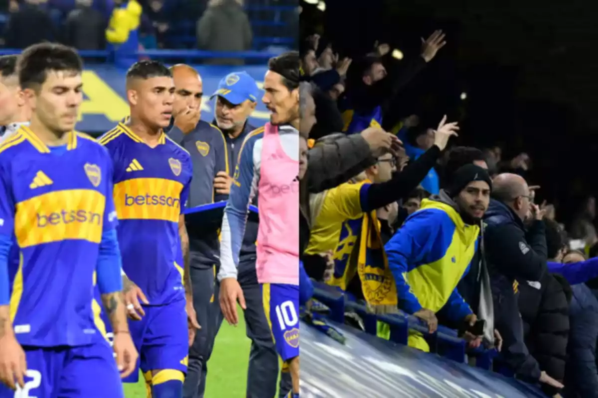 Soccer players in blue and yellow uniforms walk on the field while fans, dressed in the same colors, cheer from the stands.