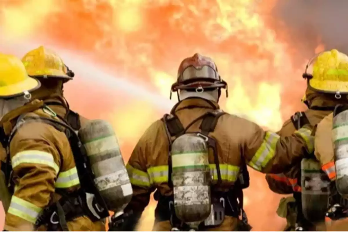 Bomberos con equipo completo enfrentando un incendio.