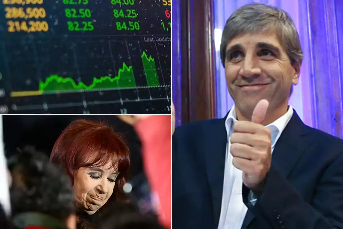 Pantalla con gráficos financieros, una mujer de cabello rojizo con expresión seria y un hombre de traje sonriendo y levantando el pulgar