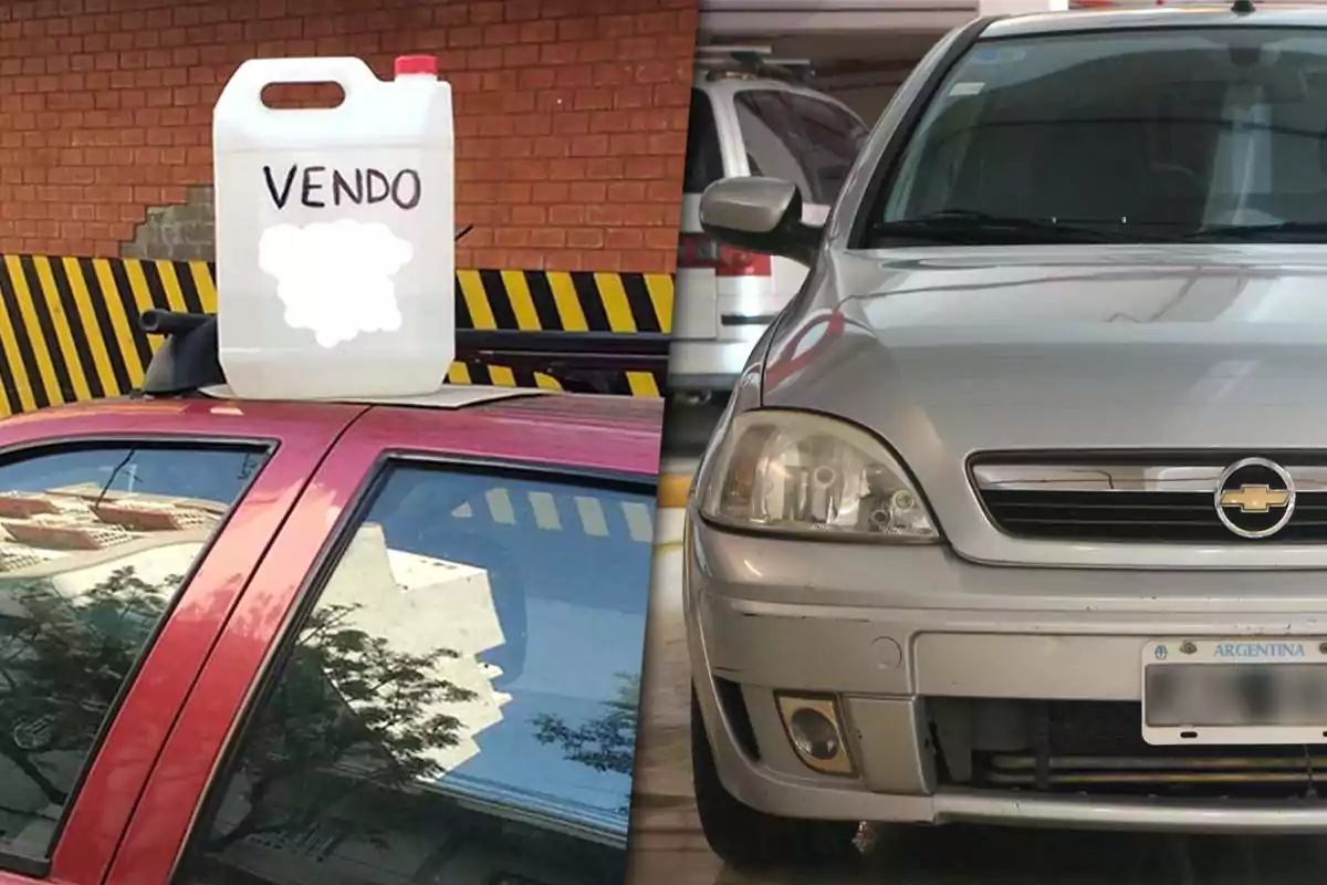 Un bidón de plástico con la palabra "VENDO" escrita encima de un auto rojo junto a la imagen de un automóvil Chevrolet plateado visto de frente.