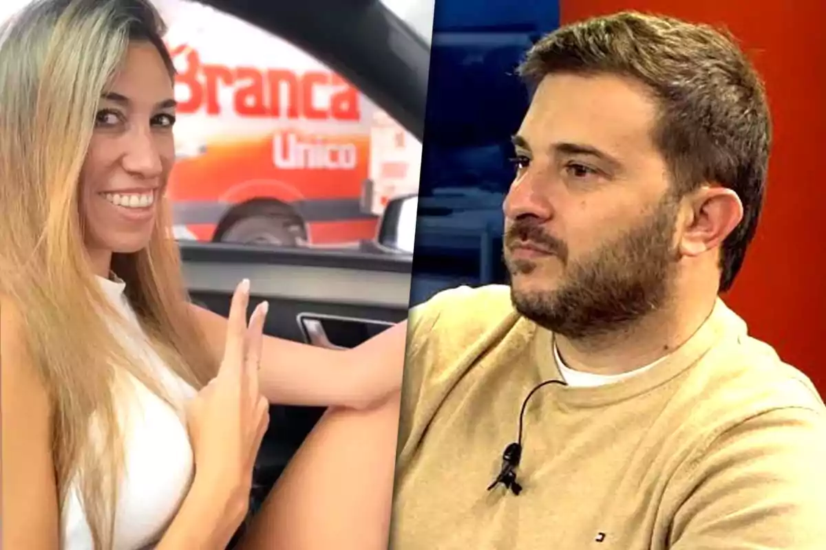 Dos personas en una imagen dividida, una mujer sonriendo en un auto y un hombre con barba en un entorno de estudio.