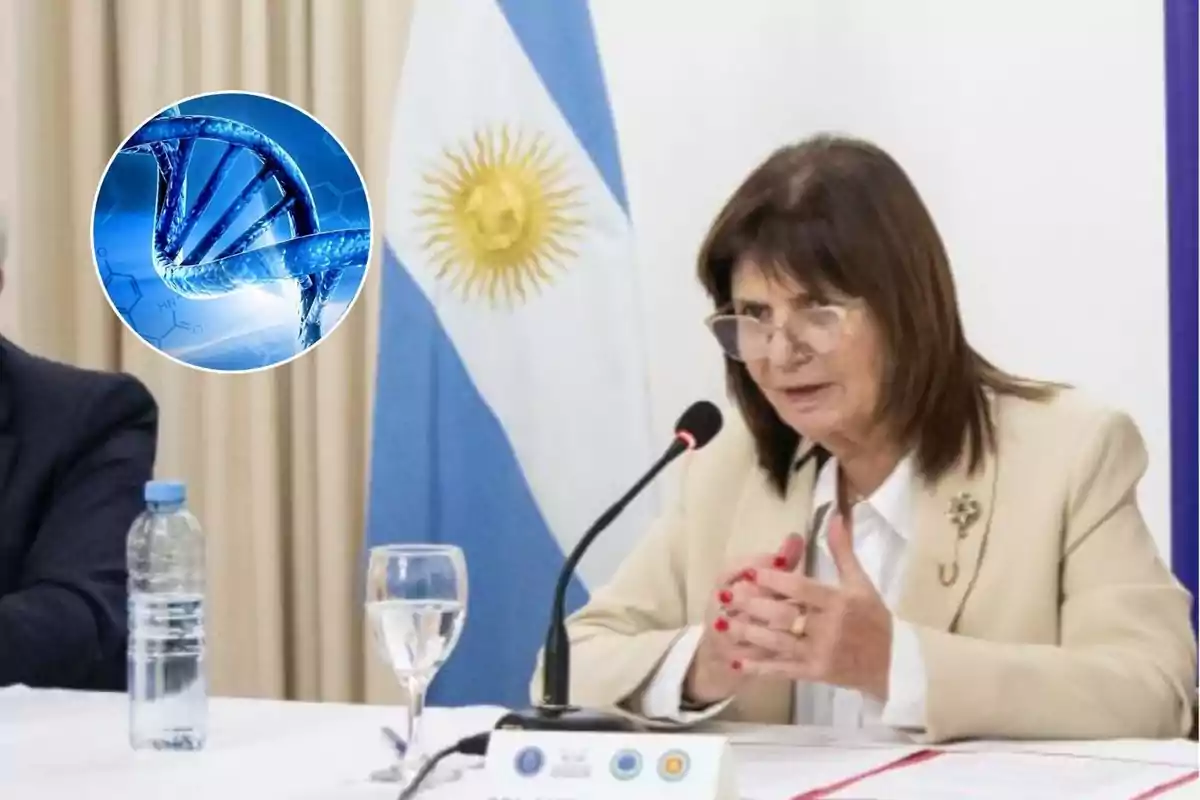 Mujer hablando en una conferencia con una bandera de Argentina de fondo y un gráfico de ADN superpuesto.