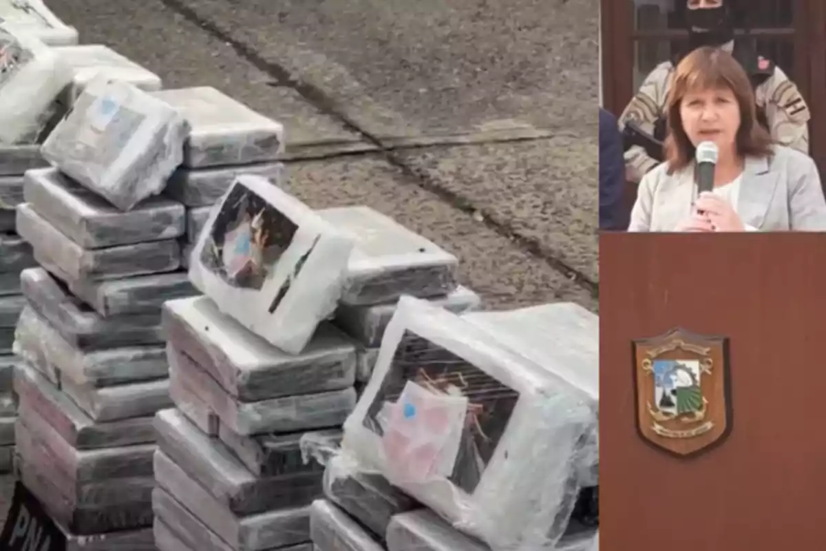 Una persona hablando en un podio junto a una pila de paquetes envueltos en plástico.