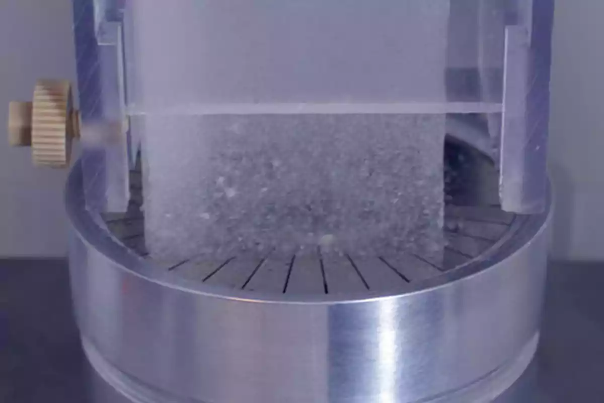 Ice block being subjected to a compression test in a metal device Ice block being subjected to a compression test in a metal device