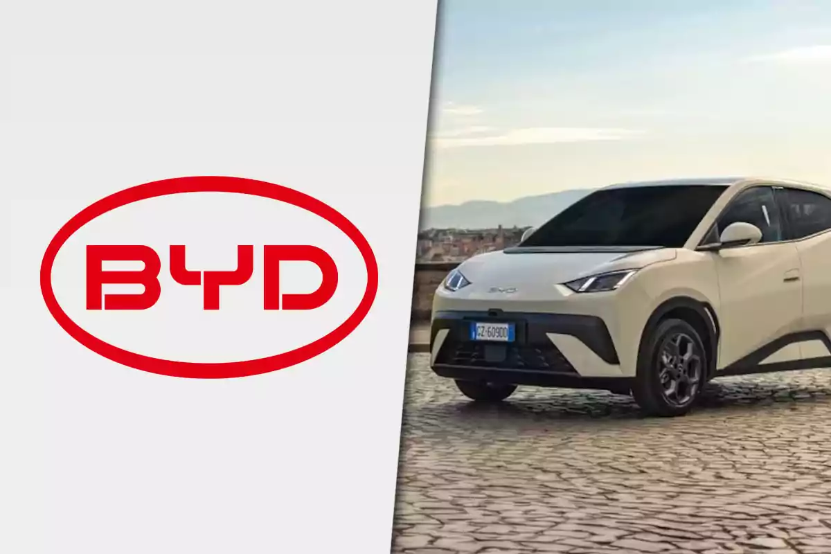 Logotipo de BYD junto a un automóvil blanco estacionado sobre un pavimento de piedra con un paisaje urbano y montañas al fondo.