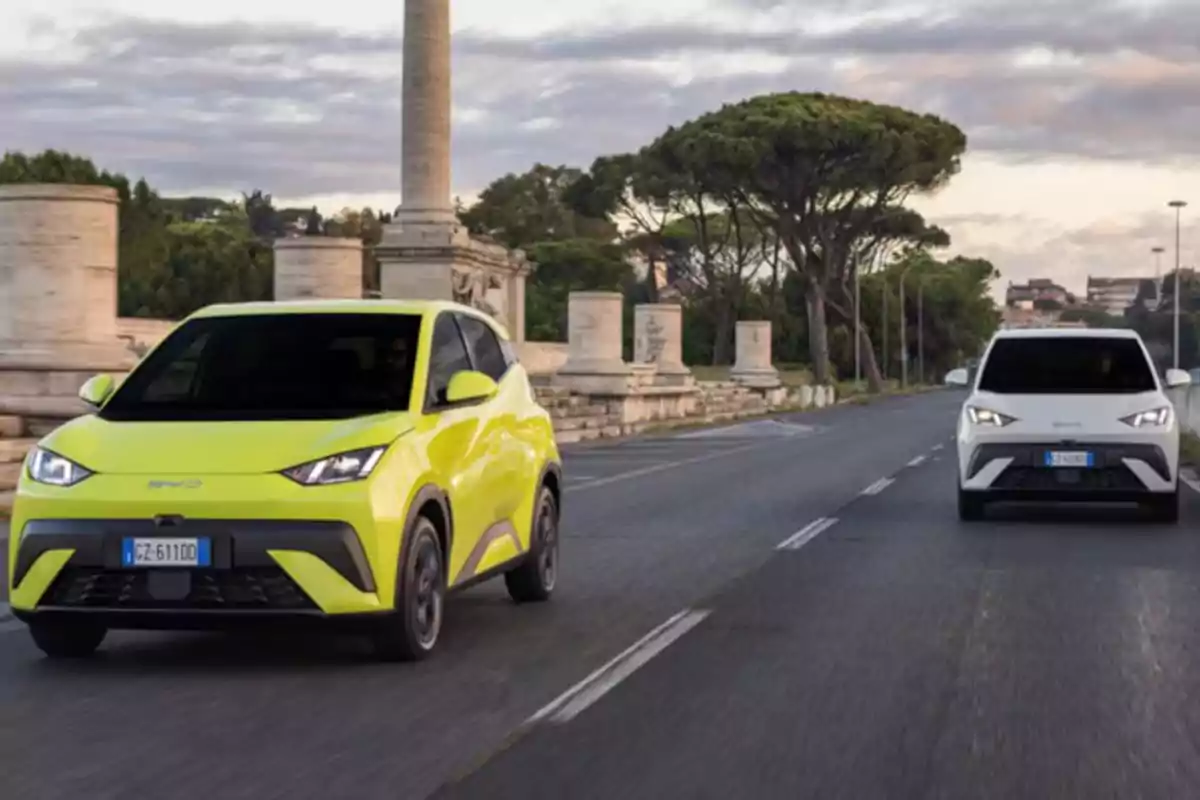 Dos autos eléctricos circulando por una carretera con columnas y árboles al fondo. Dos autos eléctricos circulando por una carretera con columnas y árboles al fondo.