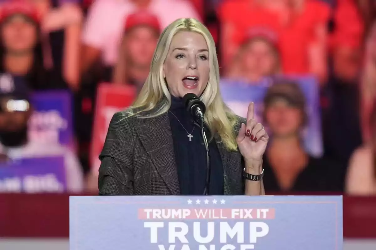 Mujer rubia hablando en un mitin político con un micrófono y un cartel que dice Trump Will Fix It Trump Vance Mujer rubia hablando en un mitin político con un micrófono y un cartel que dice Trump Will Fix It Trump Vance