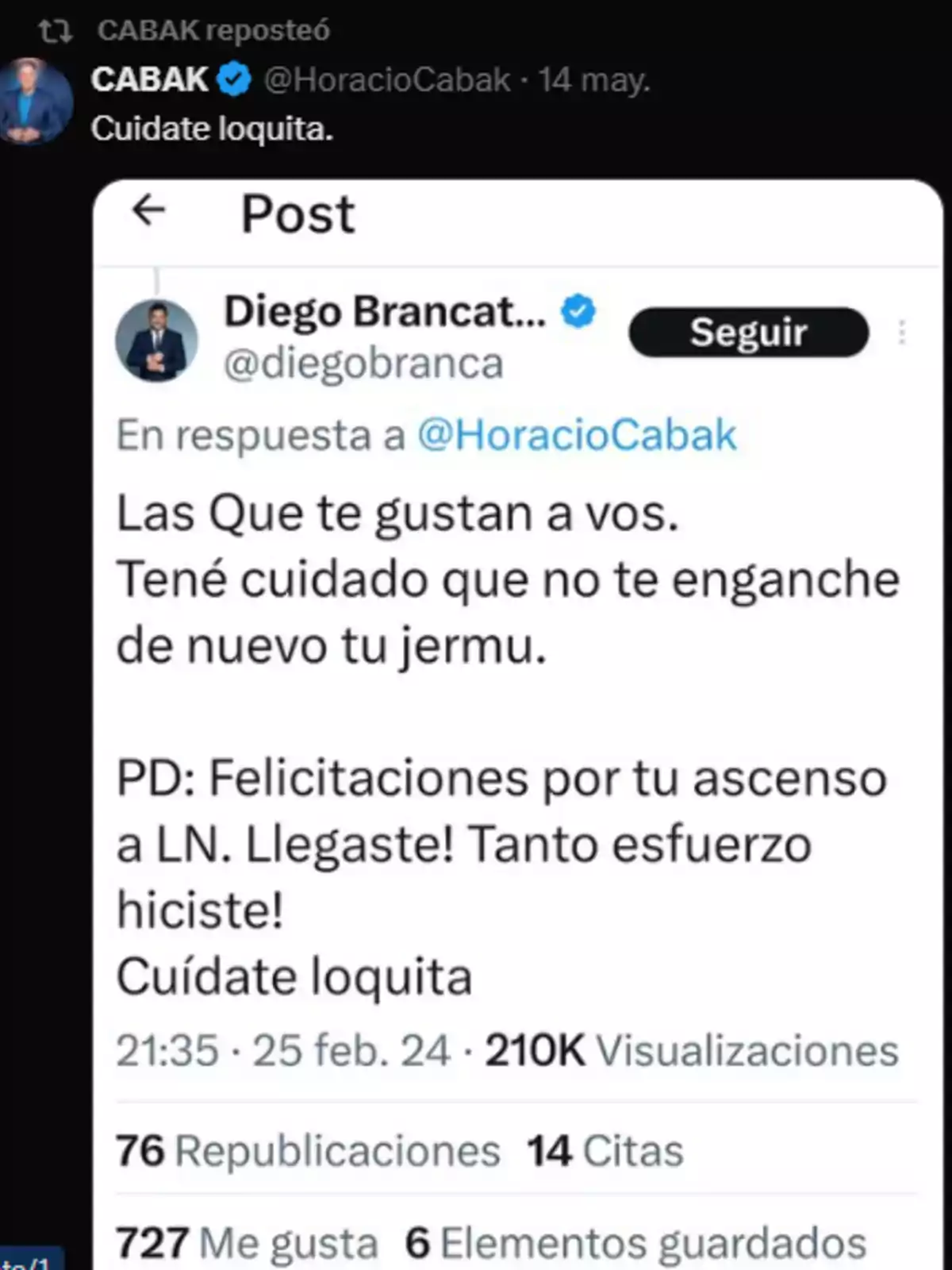 Una publicación en redes sociales muestra una interacción entre dos usuarios donde uno felicita al otro por un ascenso y le advierte sobre un posible problema personal, usando un tono informal y llamándolo Una publicación en redes sociales muestra una interacción entre dos usuarios donde uno felicita al otro por un ascenso y le advierte sobre un posible problema personal, usando un tono informal y llamándolo
