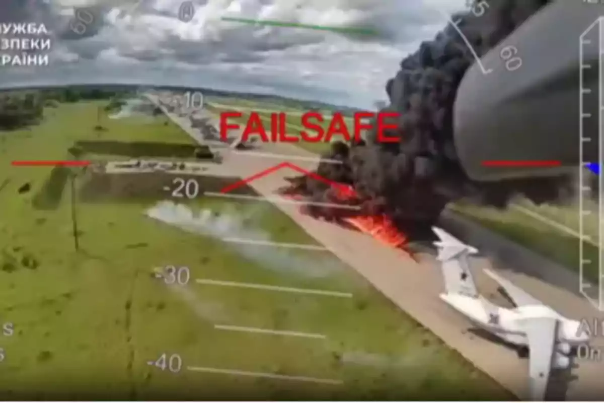 Aerial view of a runway with a plane on the ground and a large column of black smoke and fire, with the word FAILSAFE in red superimposed on the image