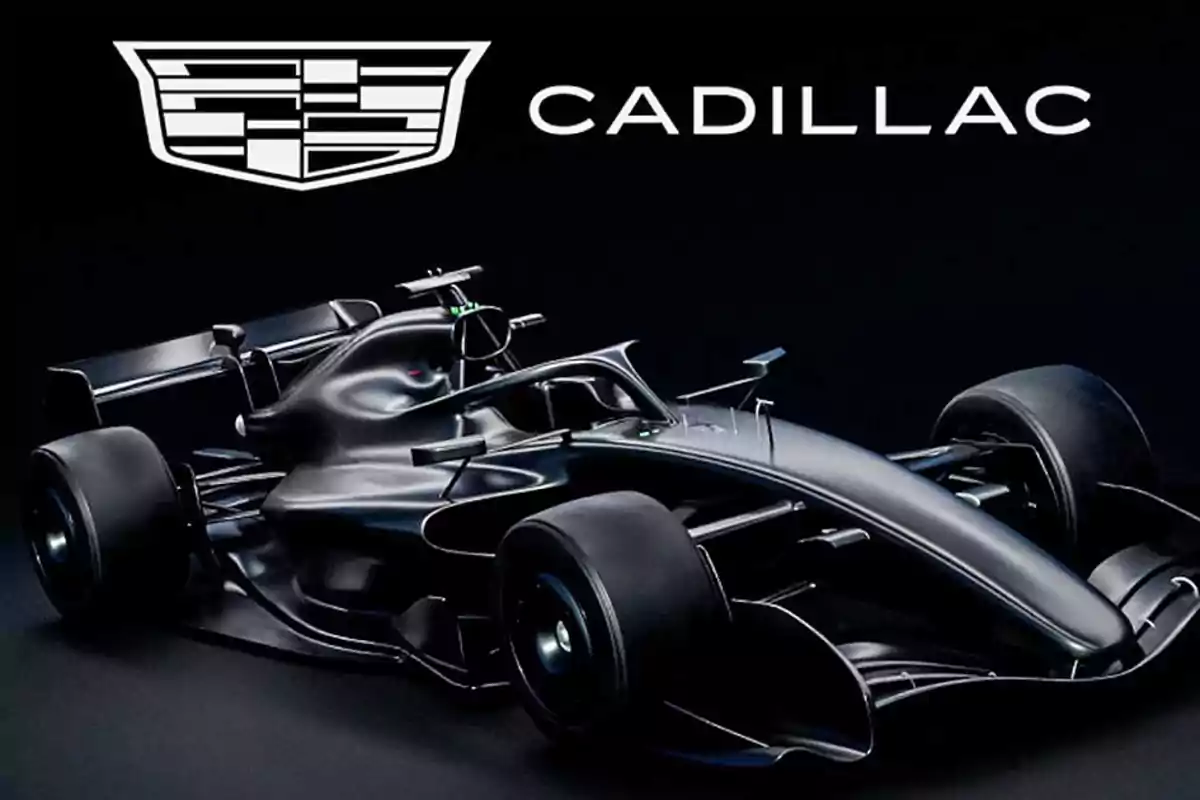 Un auto de carreras negro con el logotipo de Cadillac en el fondo. Un auto de carreras negro con el logotipo de Cadillac en el fondo.