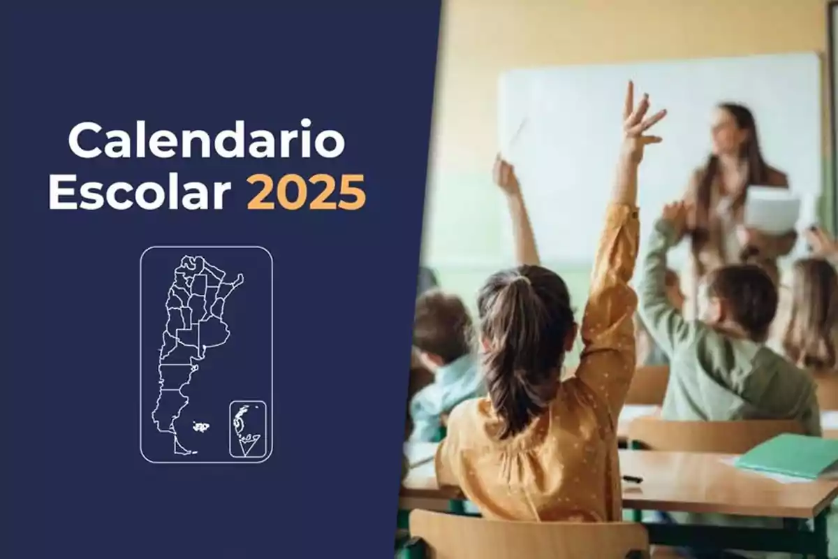 School Calendar 2025 with a map of Argentina and a class with students raising their hands.