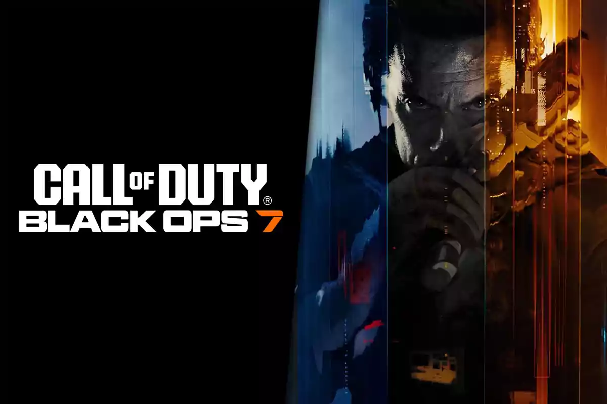 Portada de Call of Duty Black Ops 7 con el título en letras blancas y naranjas a la izquierda y la imagen de un personaje masculino en tonos oscuros y naranjas a la derecha