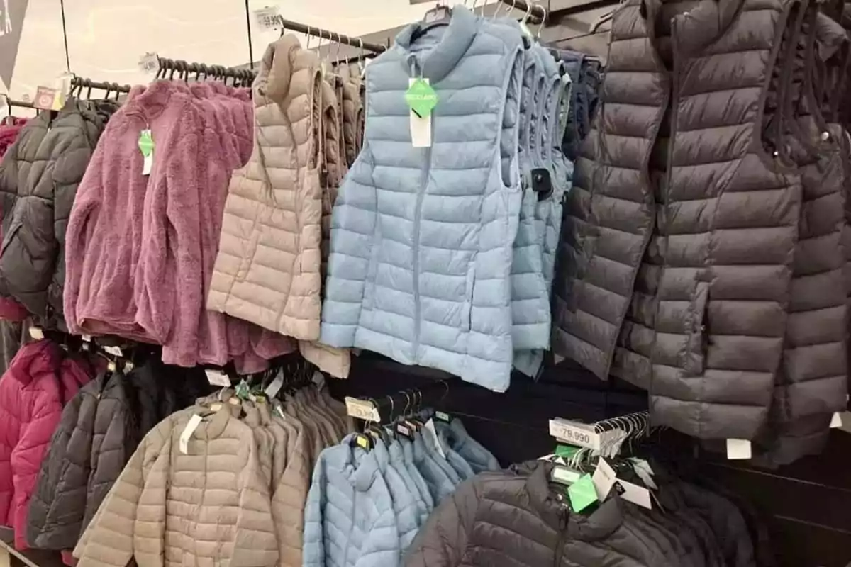 Padded vests and jackets in different colors hanging on racks inside a clothing store Padded vests and jackets in different colors hanging on racks inside a clothing store