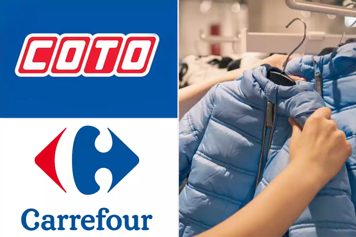 Coto and Carrefour logos next to a person choosing a light blue jacket in a store.