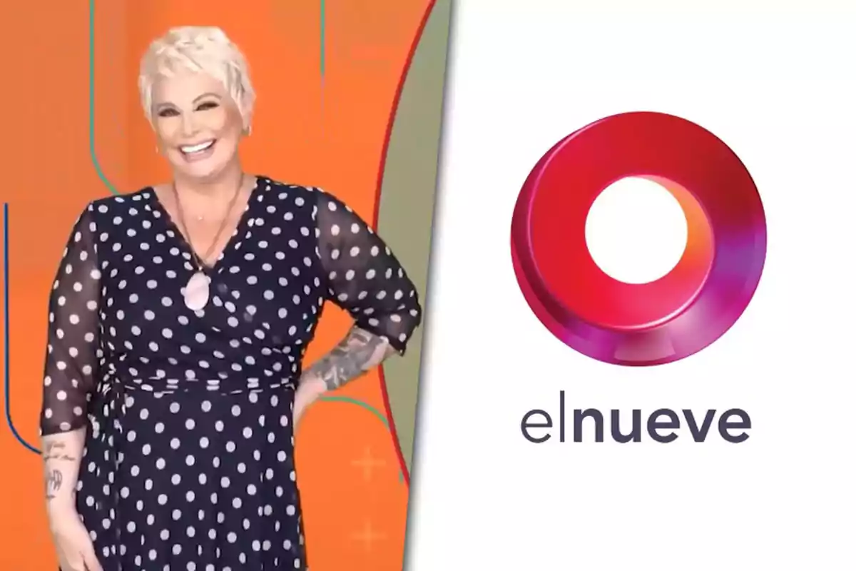 A smiling person with short blonde hair is wearing a polka dot dress and standing next to the "elnueve" logo on an orange background.