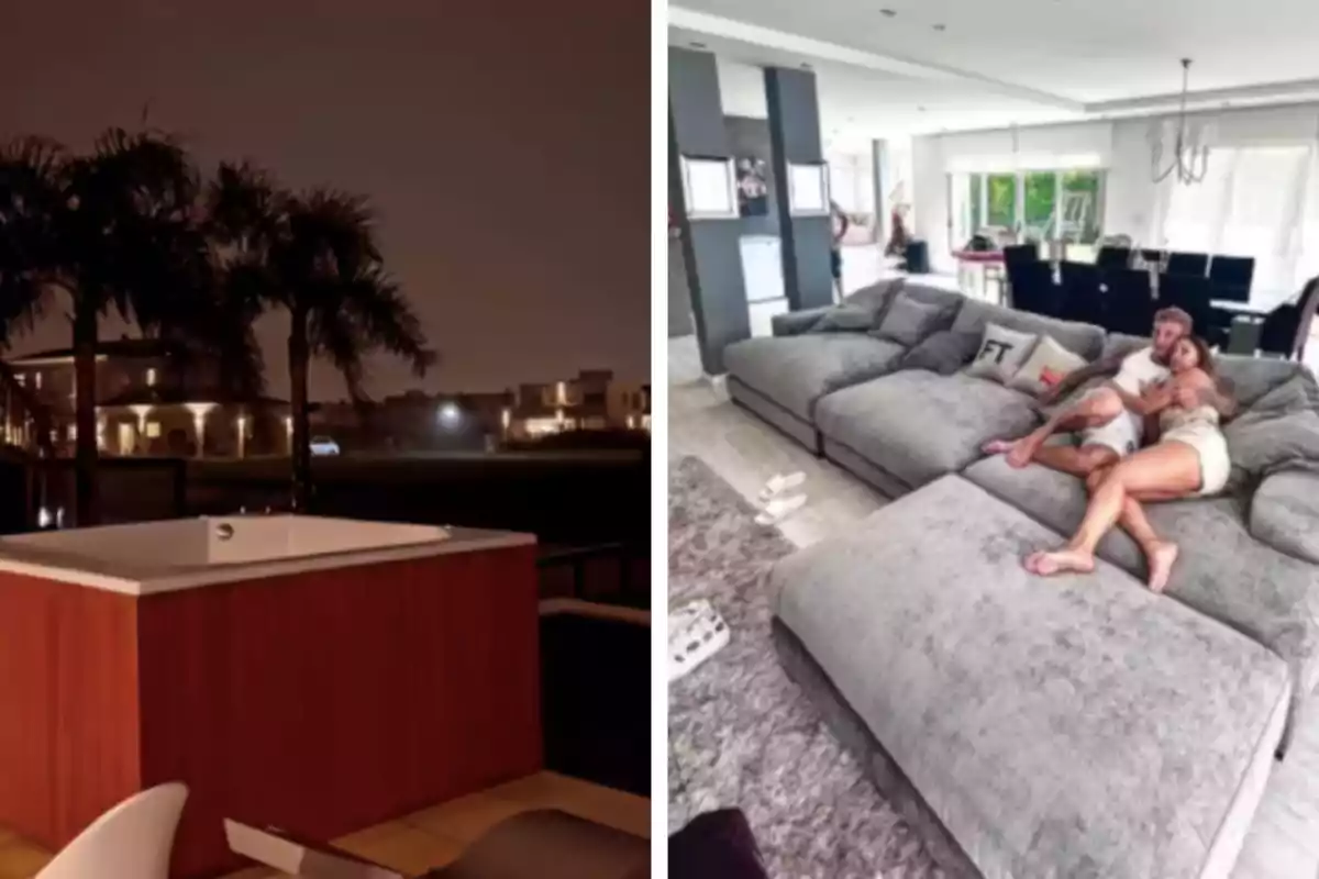 Image split into two parts: on the left, a hot tub on an outdoor terrace at night with palm trees and houses in the background; on the right, a couple lying on a large gray sofa inside a modern, bright living room. Image split into two parts: on the left, a hot tub on an outdoor terrace at night with palm trees and houses in the background; on the right, a couple lying on a large gray sofa inside a modern, bright living room.