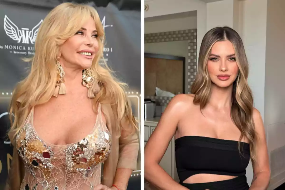 Dos mujeres posando en diferentes entornos, una con un vestido decorado y la otra con un top negro.