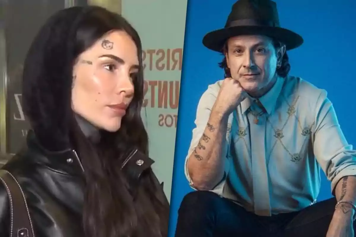 Una mujer con cabello oscuro y tatuajes en el rostro lleva una chaqueta negra con capucha mientras un hombre con sombrero y camisa clara, que tiene tatuajes en el brazo, posa con la mano en el mentón sobre un fondo azul.
