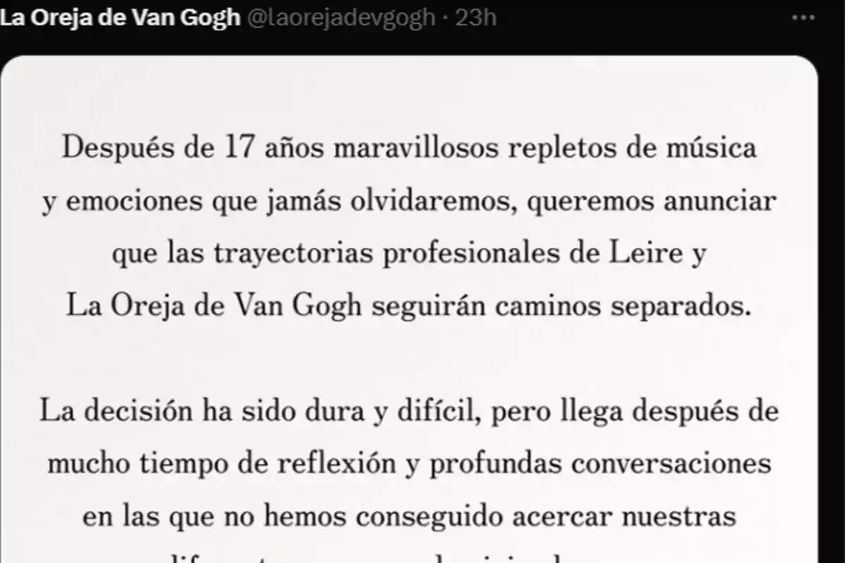 La Oreja de Van Gogh anuncia que, después de 17 años, las trayectorias profesionales de Leire y la banda seguirán caminos separados tras una decisión difícil y reflexionada.