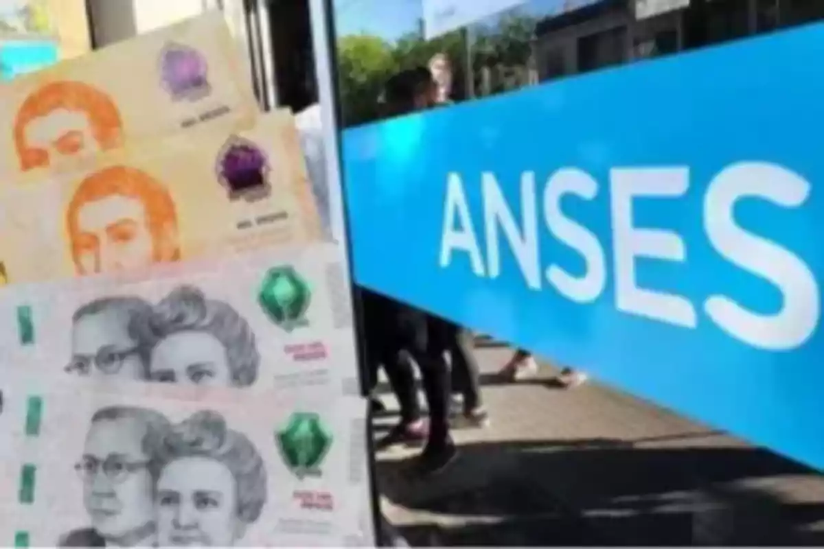 Billetes de pesos argentinos junto a un cartel de ANSES.