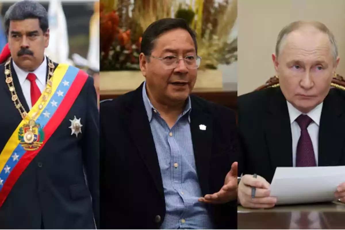 Tres hombres en diferentes contextos: uno con una banda presidencial, otro hablando y el tercero sosteniendo documentos.