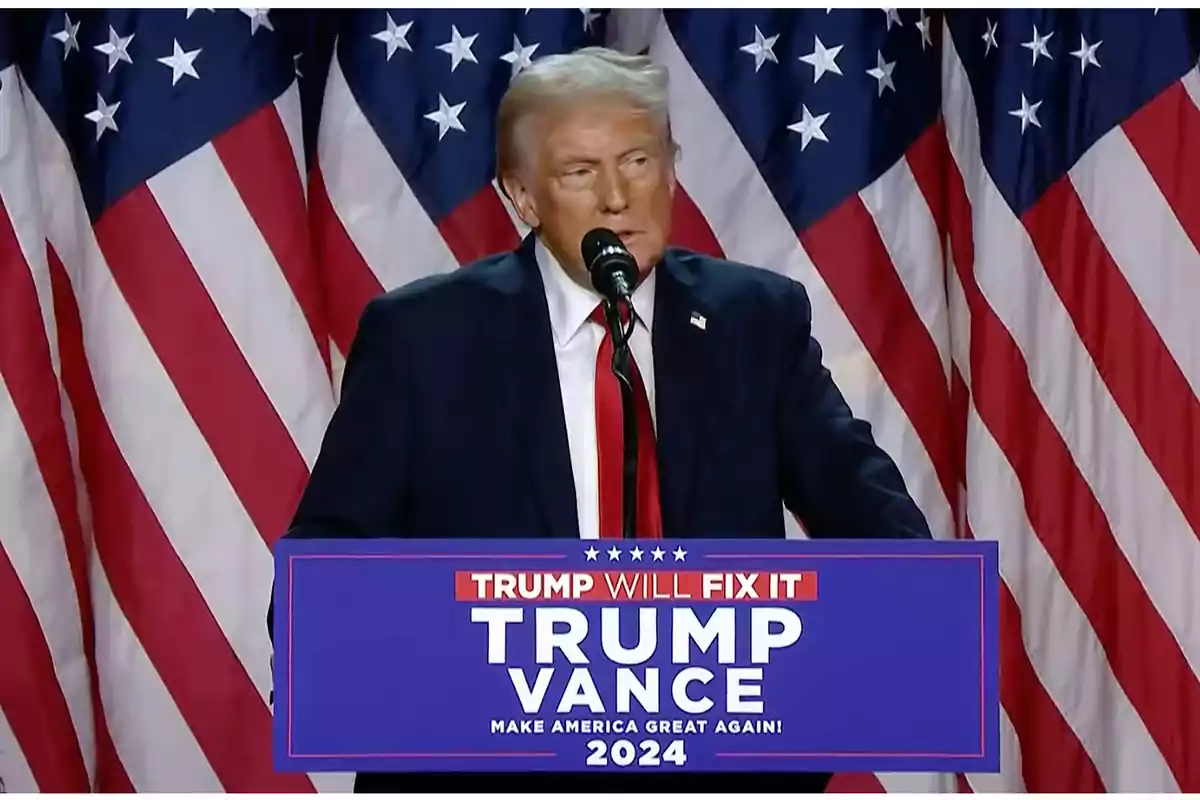 A man speaking at a podium with American flags in the background.